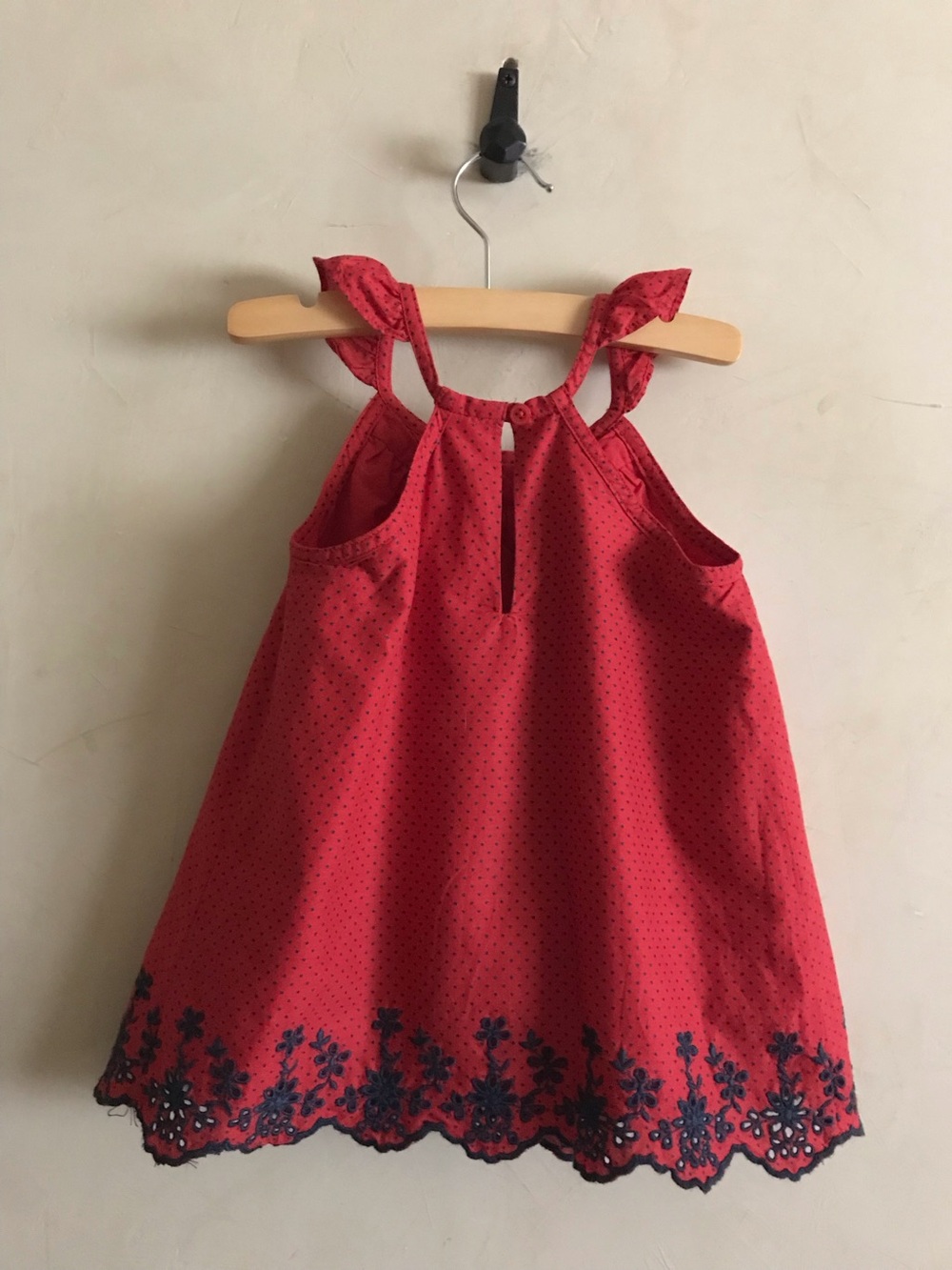 Red Ruffled Girl's Top with Embroidered Navy Hem - Picture 2 of 7